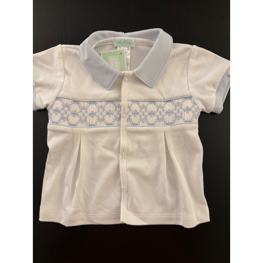 Baby Threads‎ Smocked Front Snap Top Infants 6m Blue/White Peruvian Pima Cotton